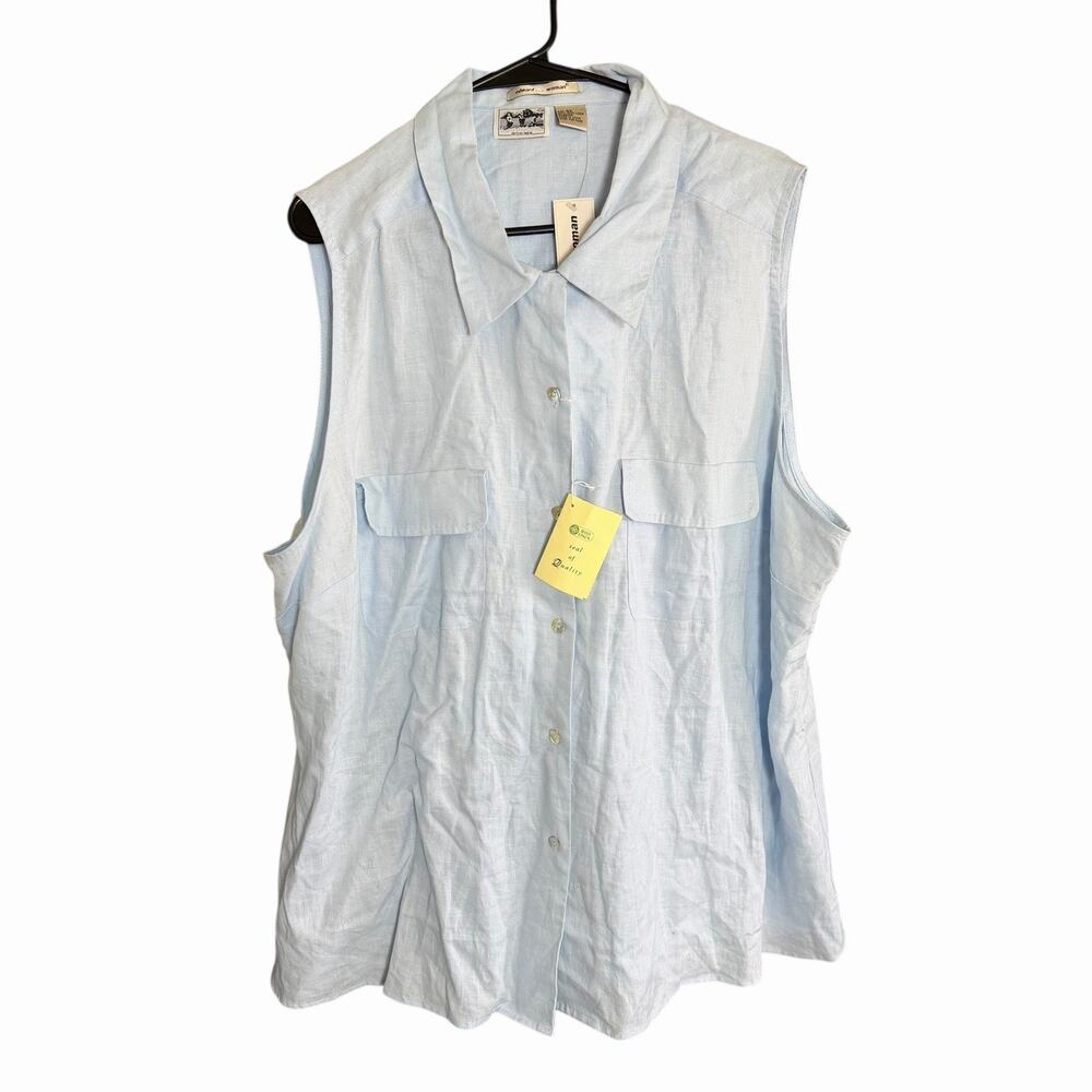 Vtg Edward Woman Irish Linen Top Button Up 3XLXXL Blue Sleeveless Coastal NWT